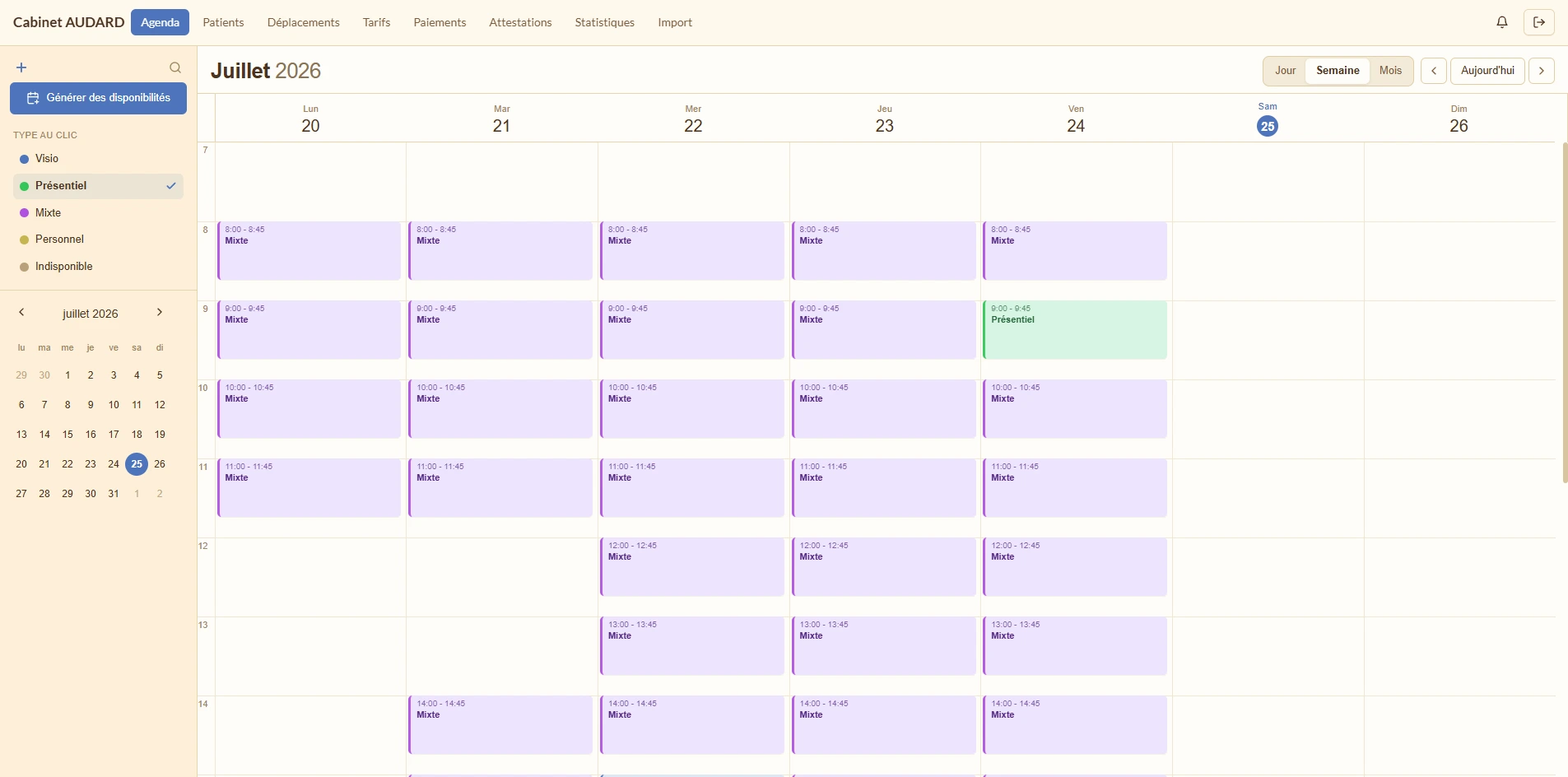 Agenda et planning du praticien dans l'interface d'administration